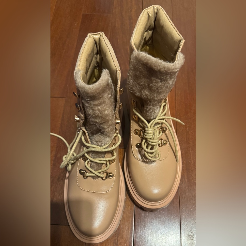 Raid Beige Fur-Lined Lace-Up Boots